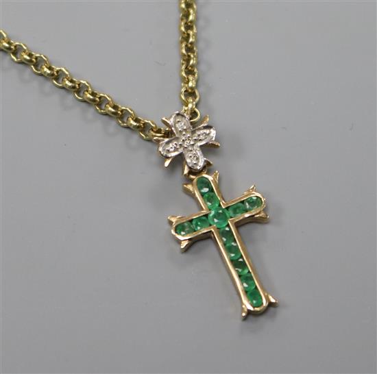 A tourmaline, diamond and 9ct gold cross on 9ct chain, pendant overall 27mm.